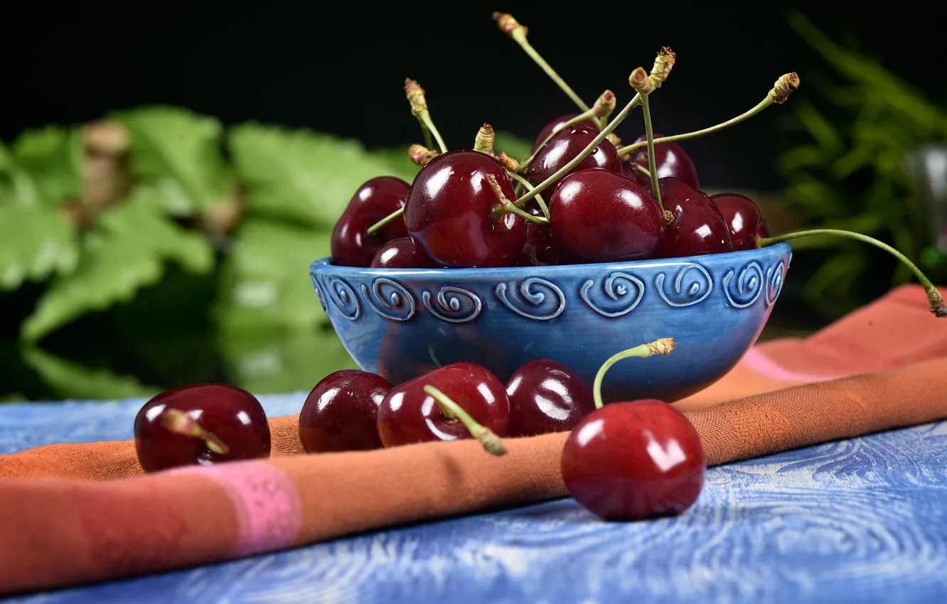 Photo wallpaper leaves, cherry, berries, table, towel, bowl, black background, cherry