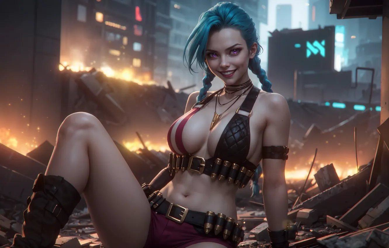 Photo wallpaper women, League of Legends, blue hair, Jinx (League of Legends), AI Art