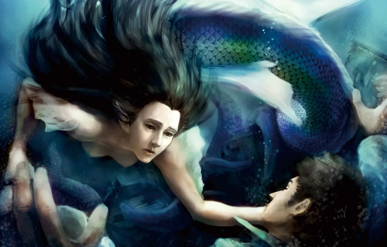 Photo wallpaper look, water, face, fiction, hair, people, mermaid, scales