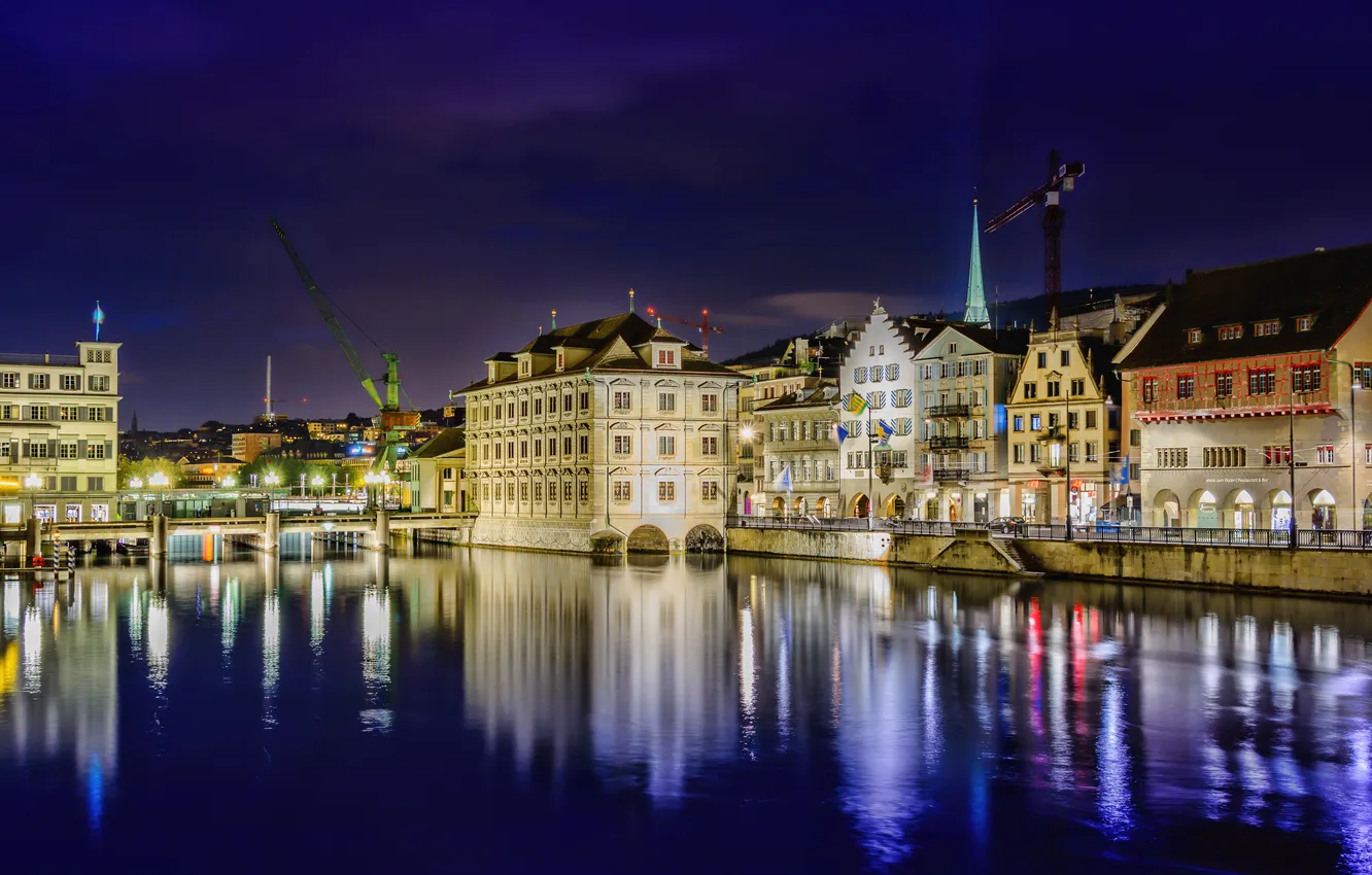 Photo wallpaper night, the city, river, photo, home, Switzerland, Gockhausen