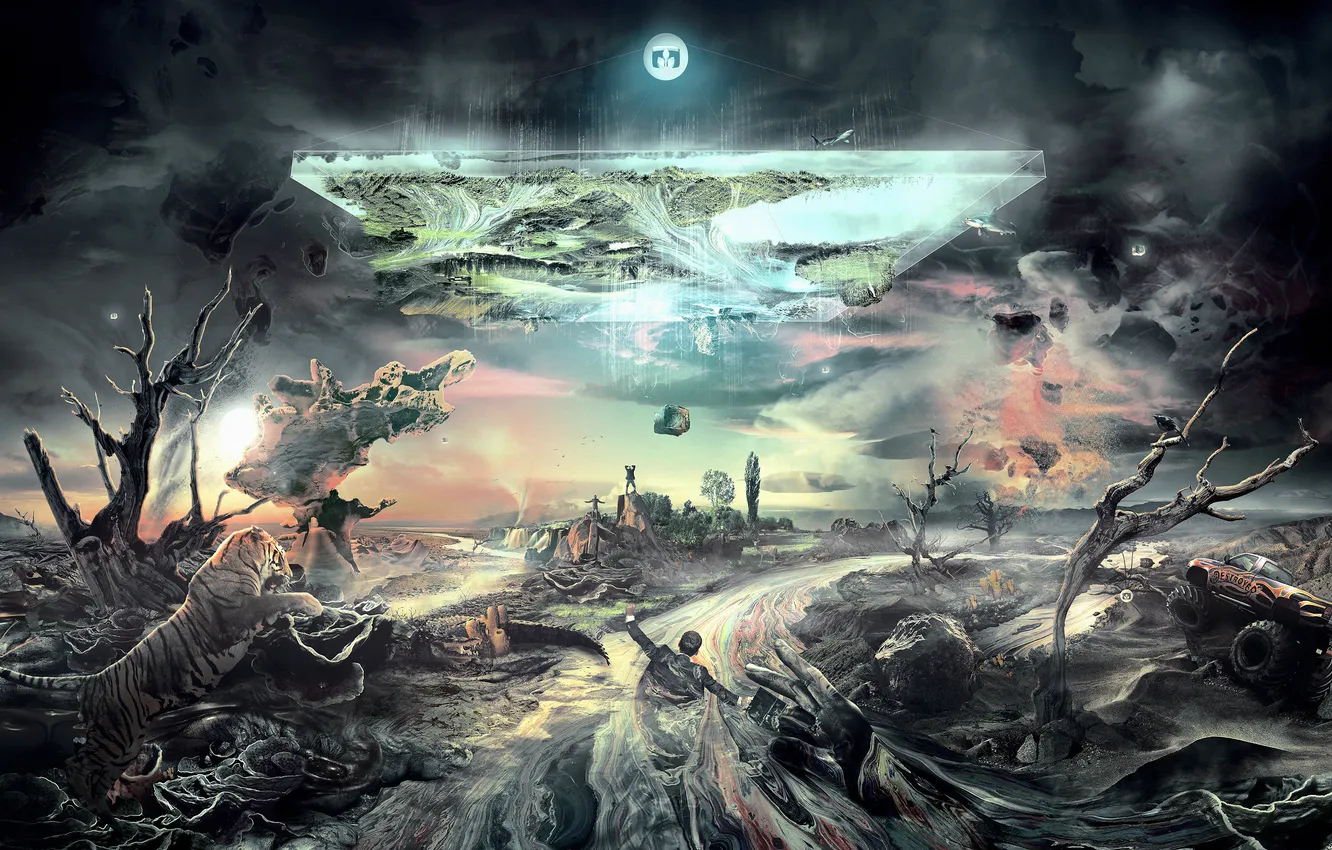 Photo wallpaper trees, life, tiger, river, creative, fantasy, rocks, animal