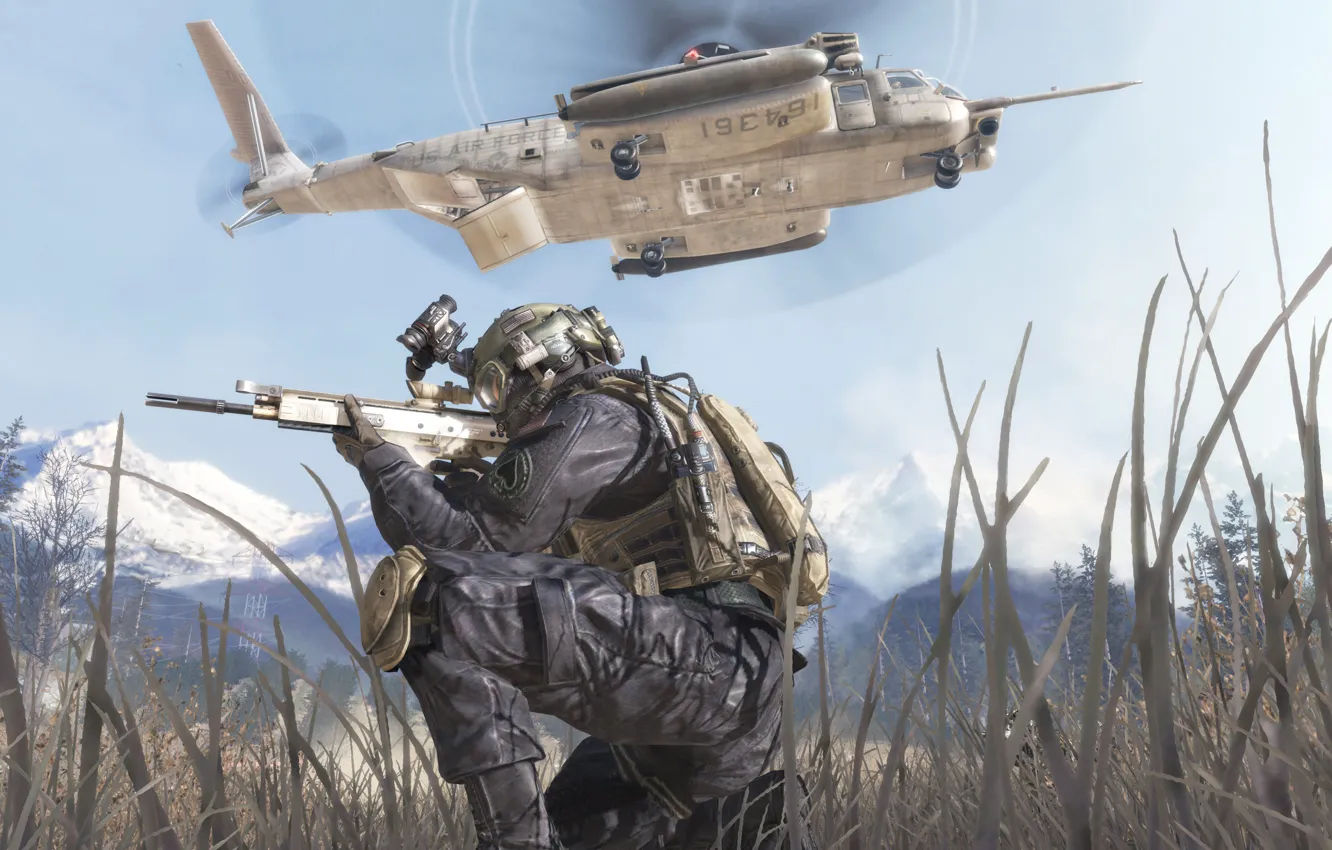 Photo wallpaper grass, soldiers, helicopter, Call of Duty: Modern Warfare 2, A first-person shooter game