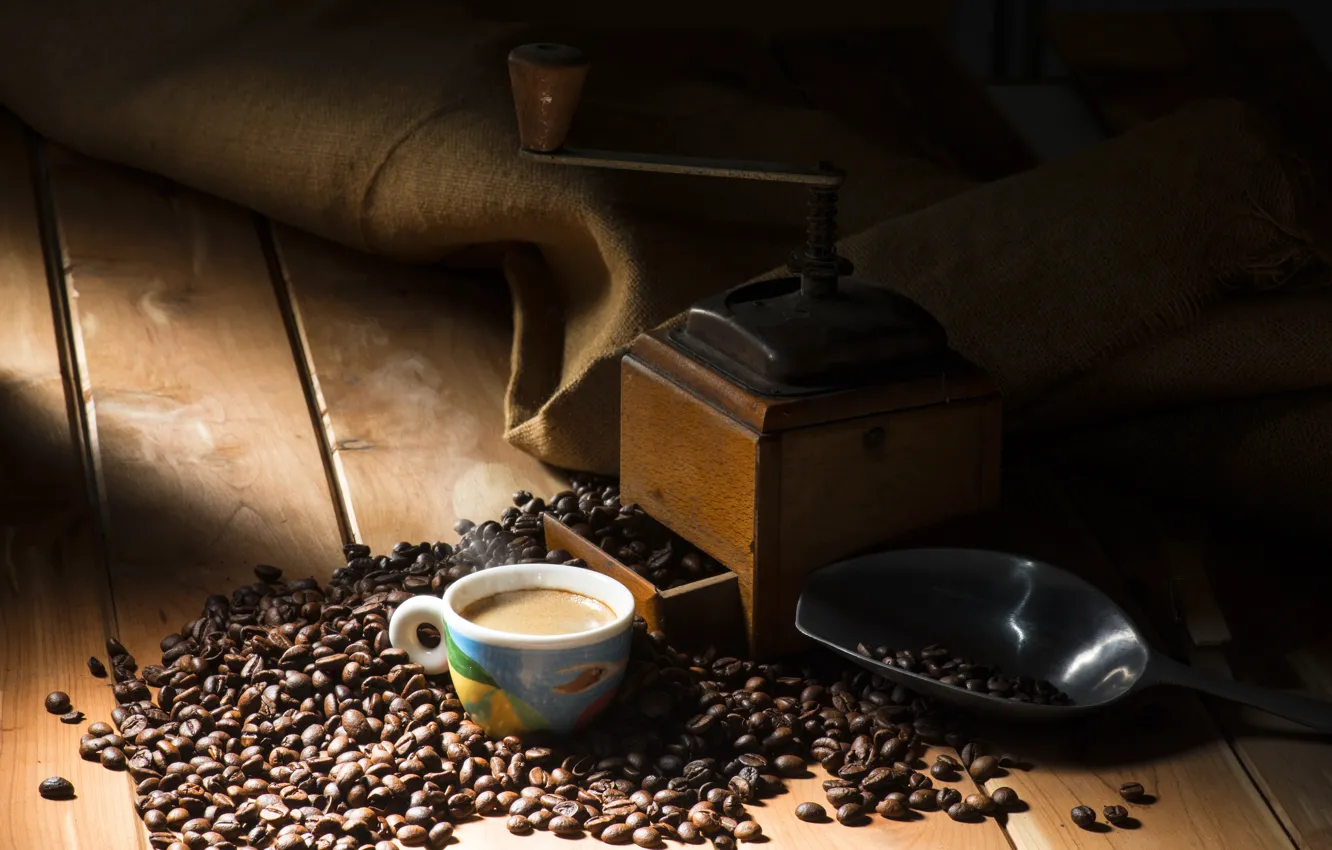 Photo wallpaper coffee, grain, Cup, cup, beans, coffee