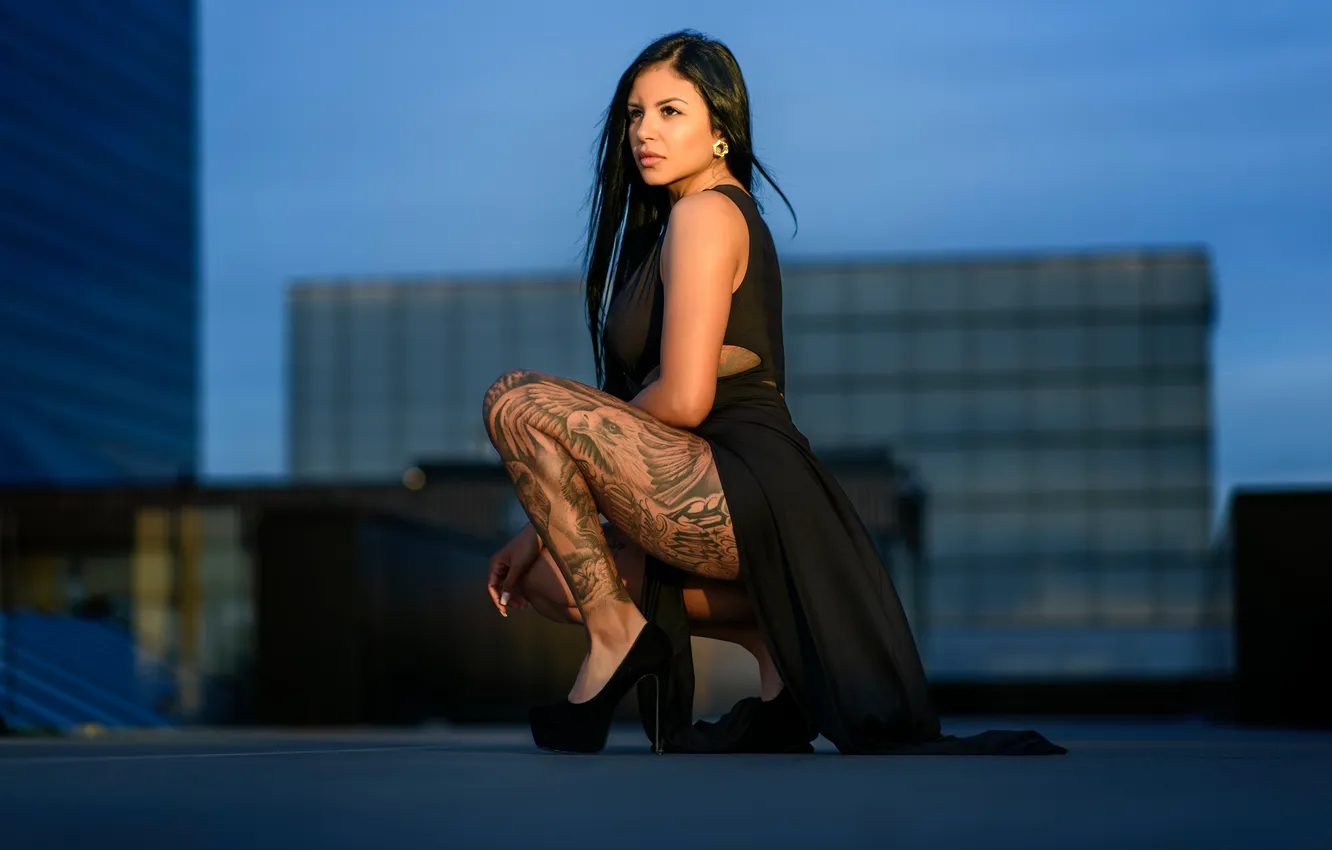 Photo wallpaper pose, feet, dress, brunette, tattoo, Daniela