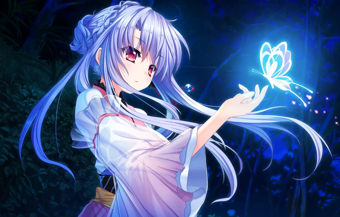 Photo wallpaper girl, night, butterfly, foliage, the game, art, girl, Anime