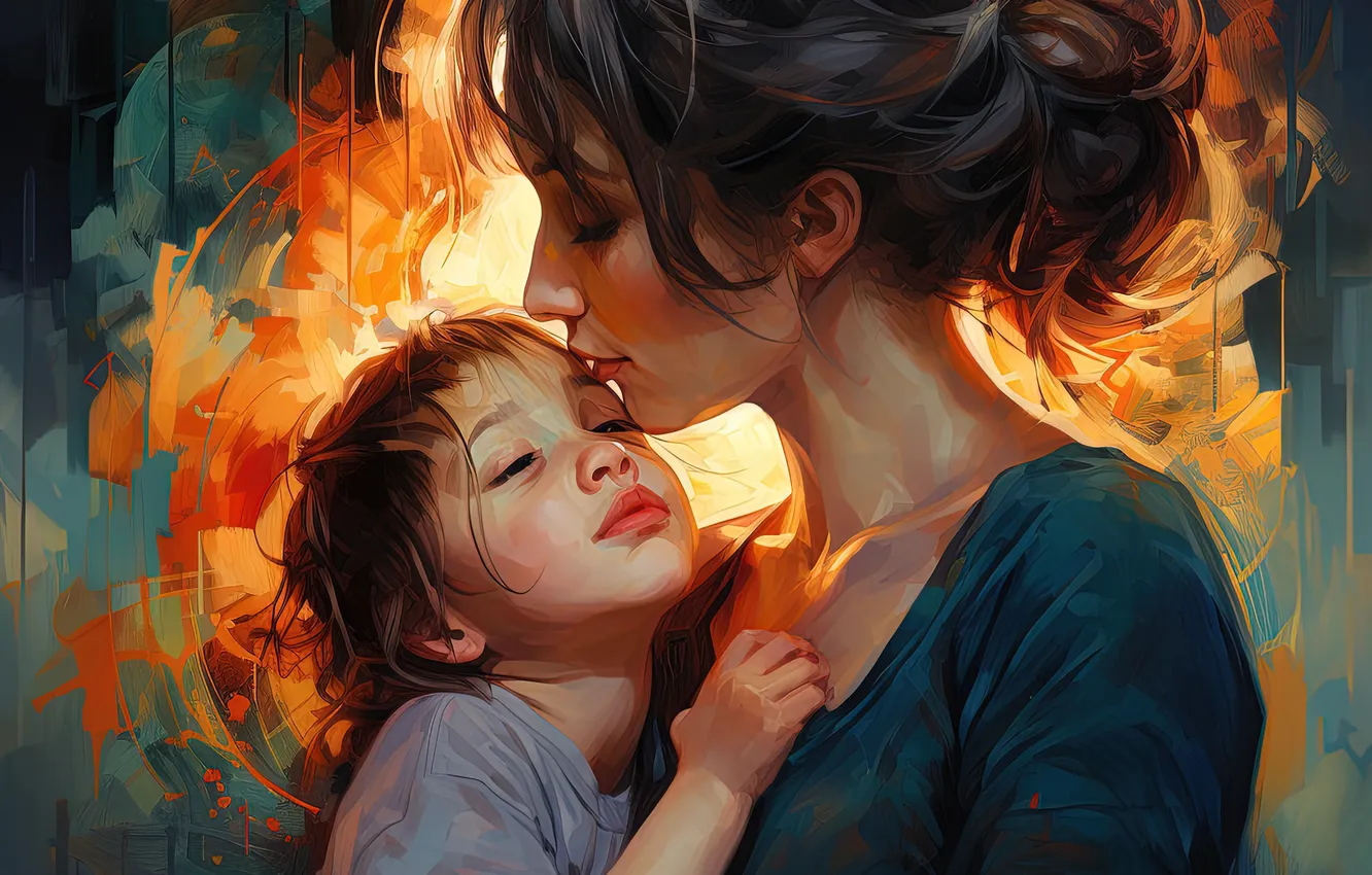 Photo wallpaper girl, love, children, boy, two, mom, digital art, AI art