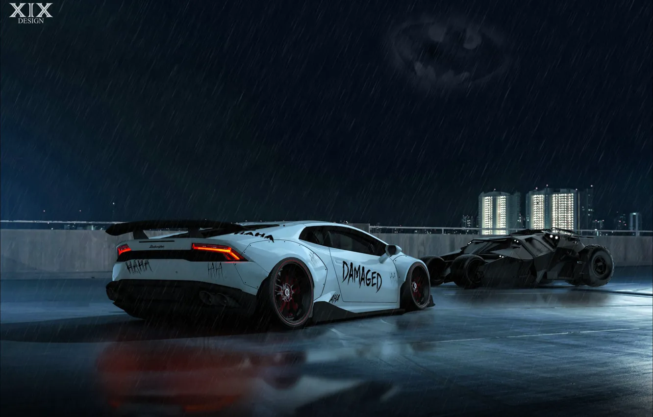 Photo wallpaper Auto, Night, Lamborghini, Machine, Rain, Batman, Lambo, Batmobile
