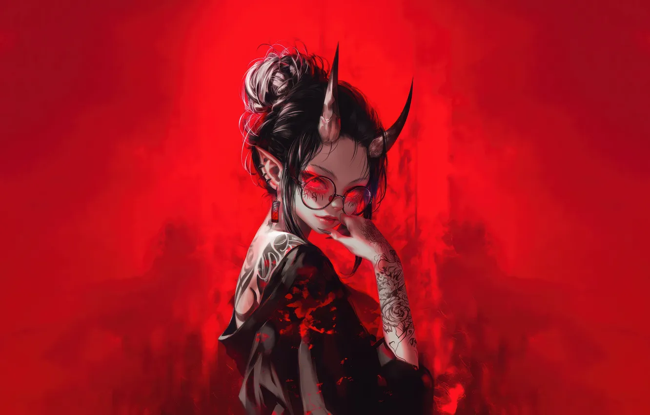 Photo wallpaper girl, anime, tattoo, glasses, red background, horn, anime girl, AI Art