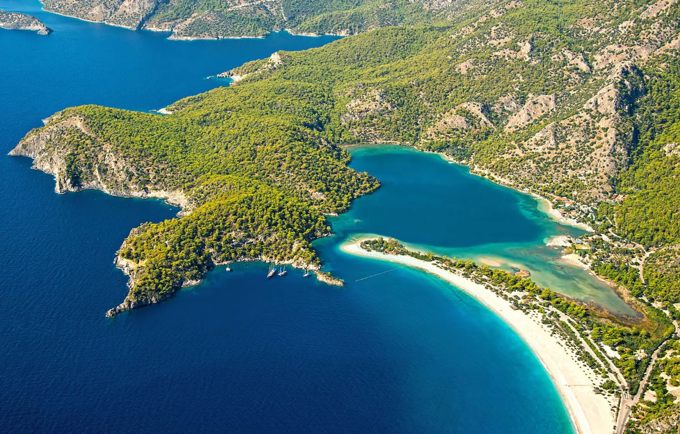 Photo wallpaper summer, beach, sea, coast, mountains, boats, sunny, cliff