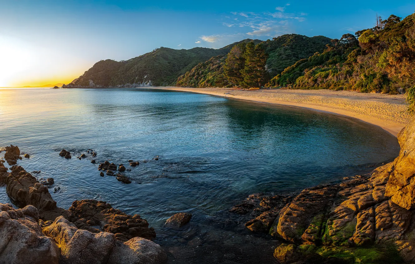 Photo wallpaper sea, the sun, mountains, coast