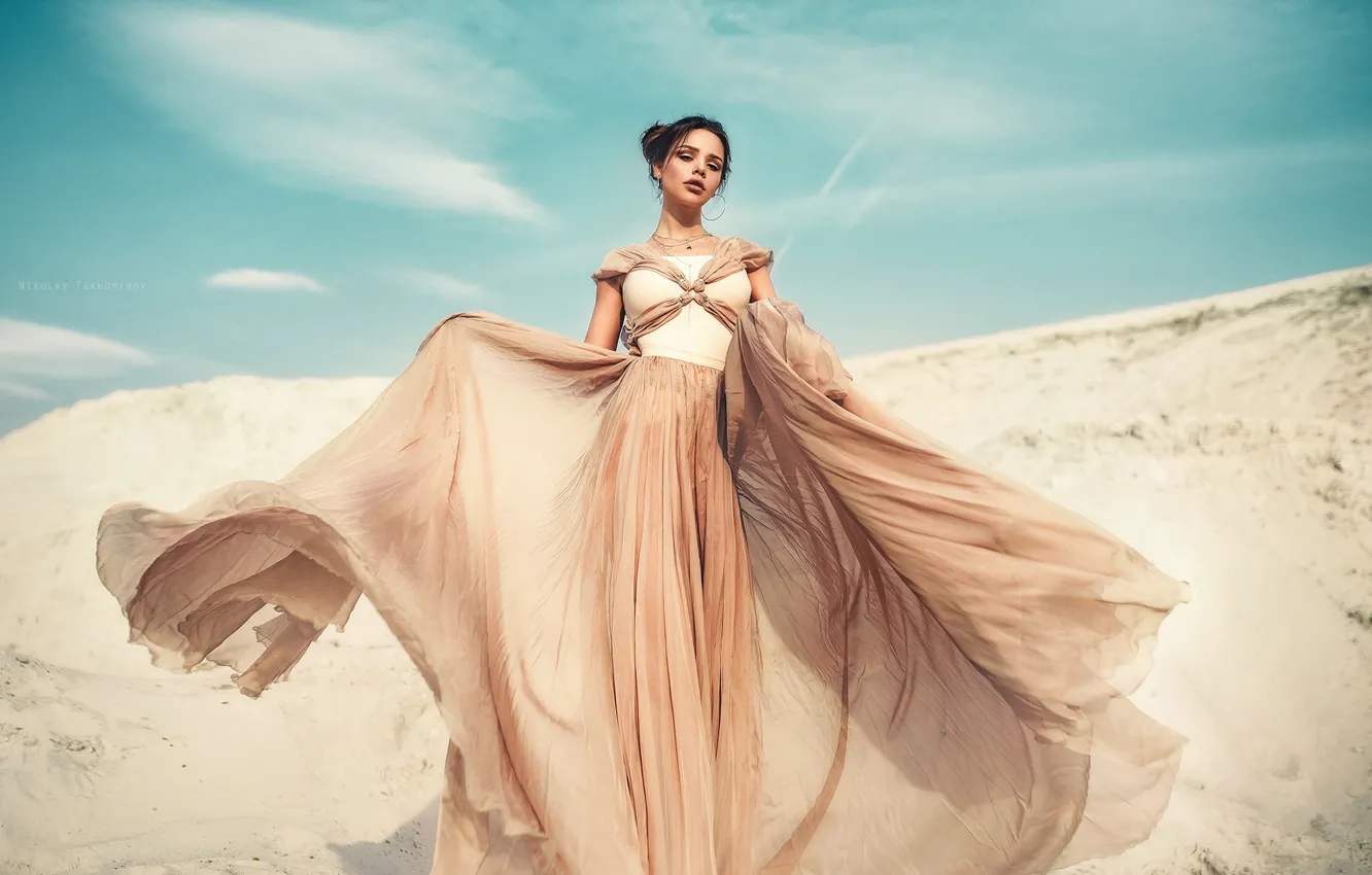 Photo wallpaper sand, the sky, the sun, clouds, the dunes, pose, model, makeup