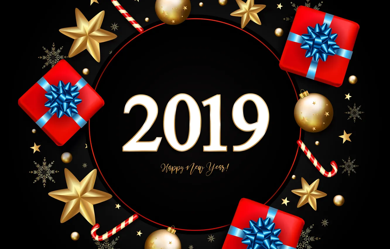 Photo wallpaper snowflakes, toys, gifts, New year, gold, gold, snowflakes, 2019