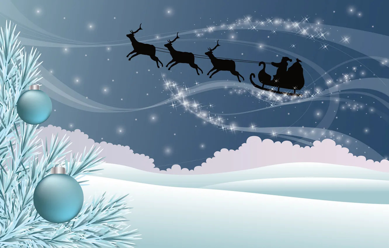 Photo wallpaper snow, branches, stars, the snow, tree, sleigh, deer, Christmas decorations