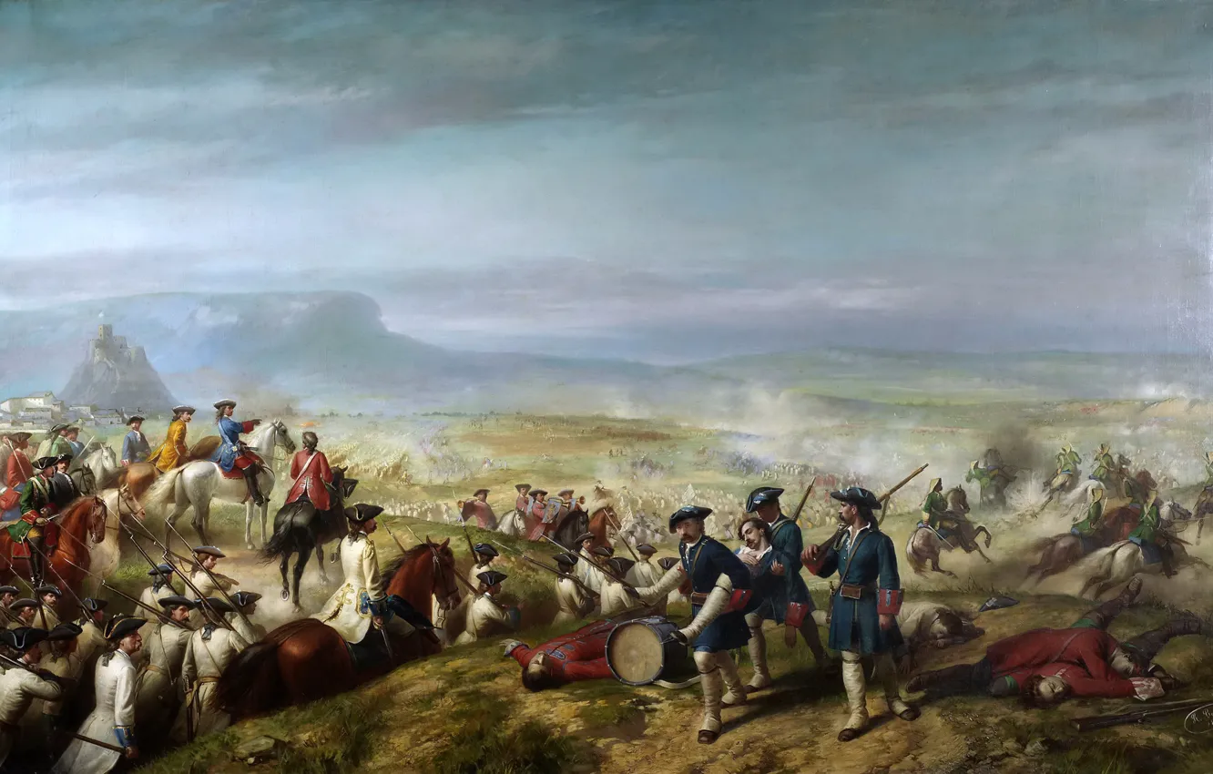Photo wallpaper landscape, mountains, picture, soldiers, battle, Ricardo Balaka, The battle of Almansi