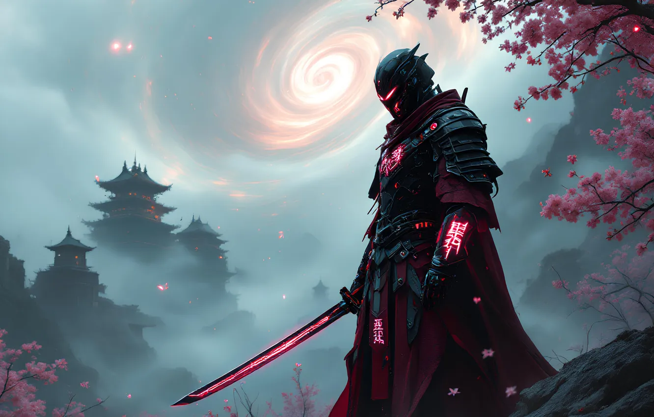 Photo wallpaper dark, fantasy, armor, weapon, katana, cyberpunk, castle, digital art