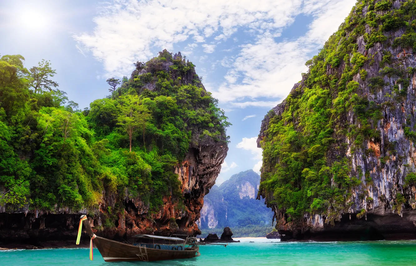 Photo wallpaper landscape, nature, the ocean, rocks, boat, Bay, Thailand, Thailand