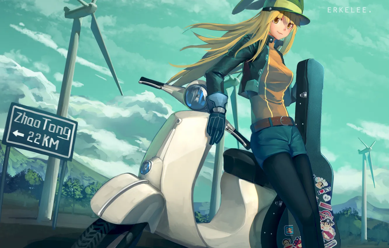 Photo wallpaper look, girl, nature, smile, the wind, guitar, art, scooter