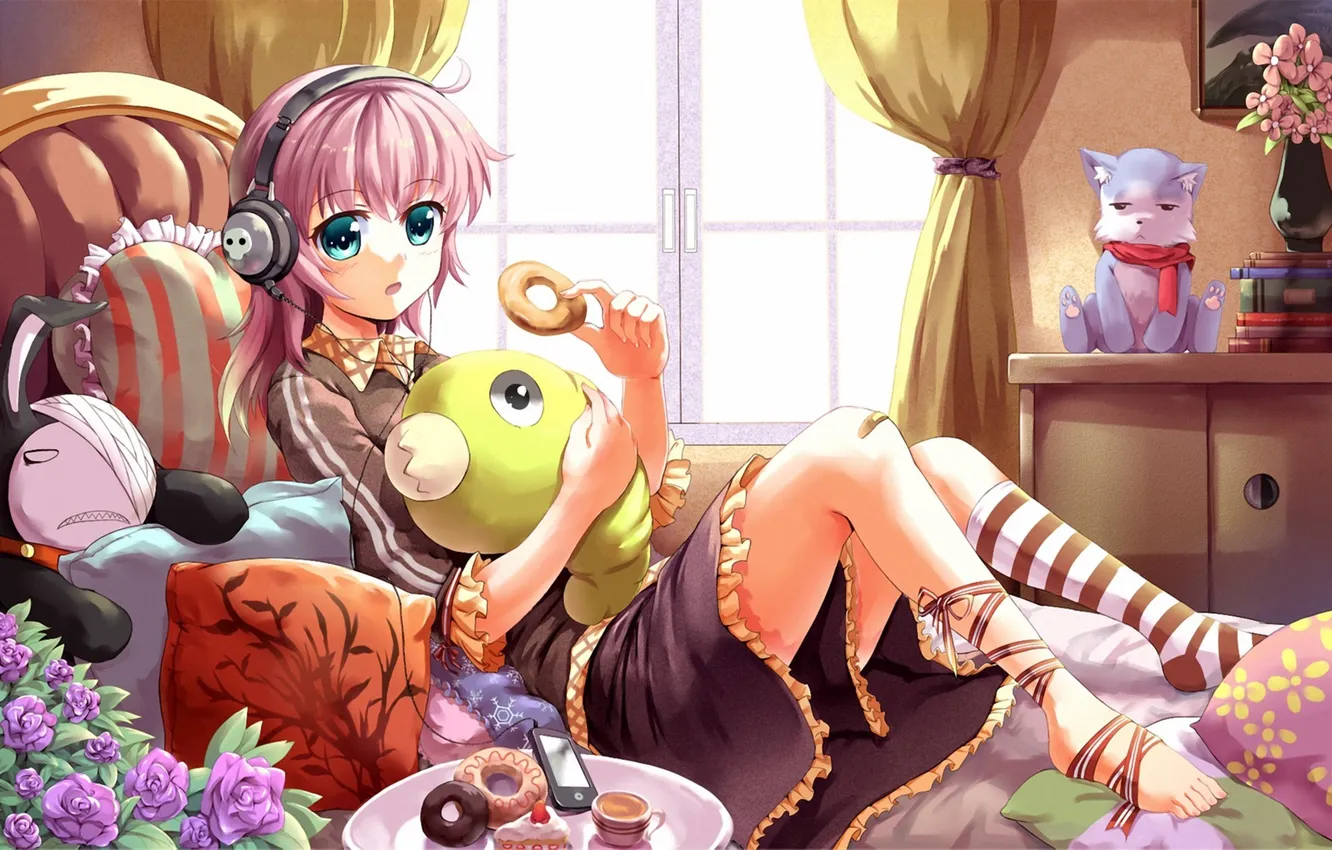 Photo wallpaper cat, cat, girl, music, room, toy, pillow, headphones