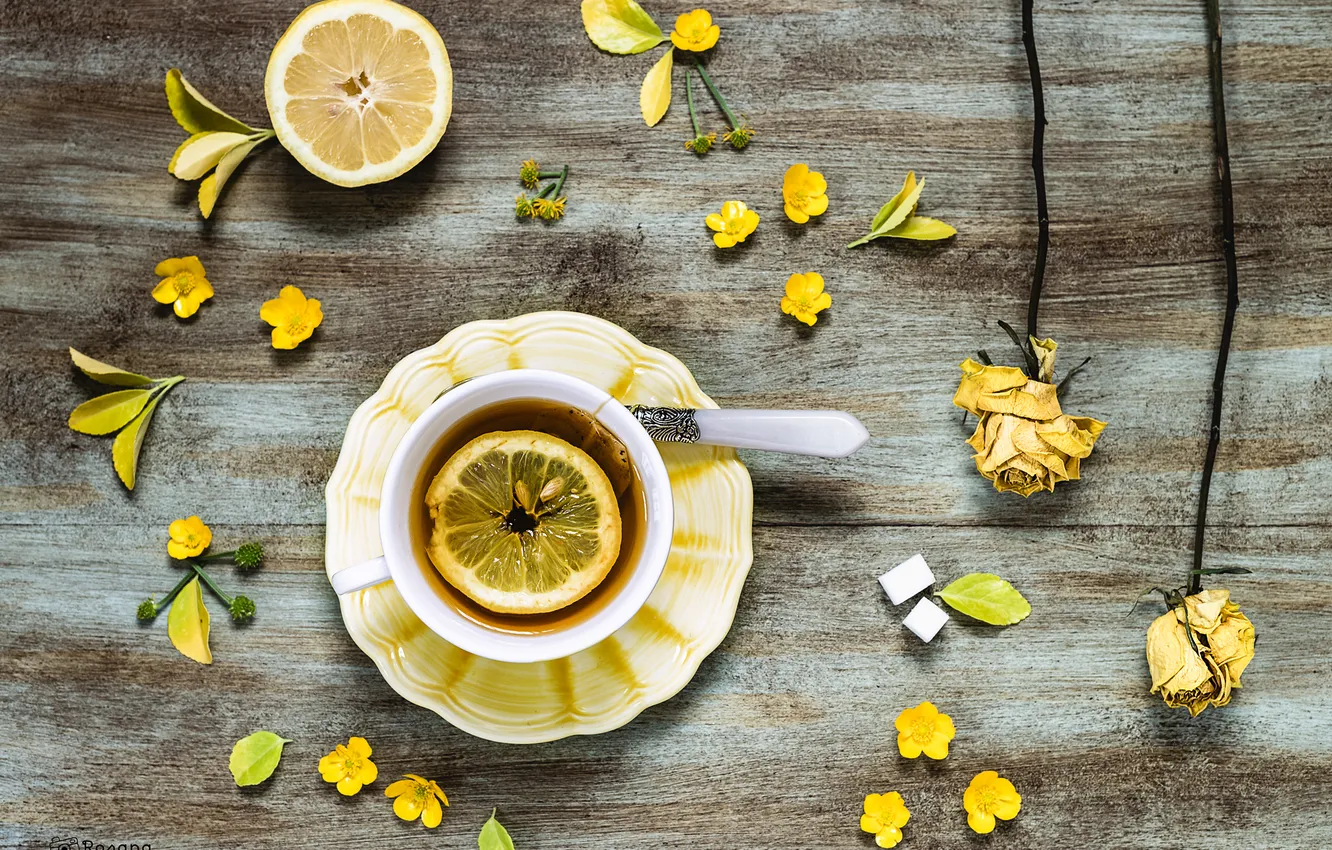 Photo wallpaper flowers, yellow, lemon, tea, roses, spoon, mug, Cup