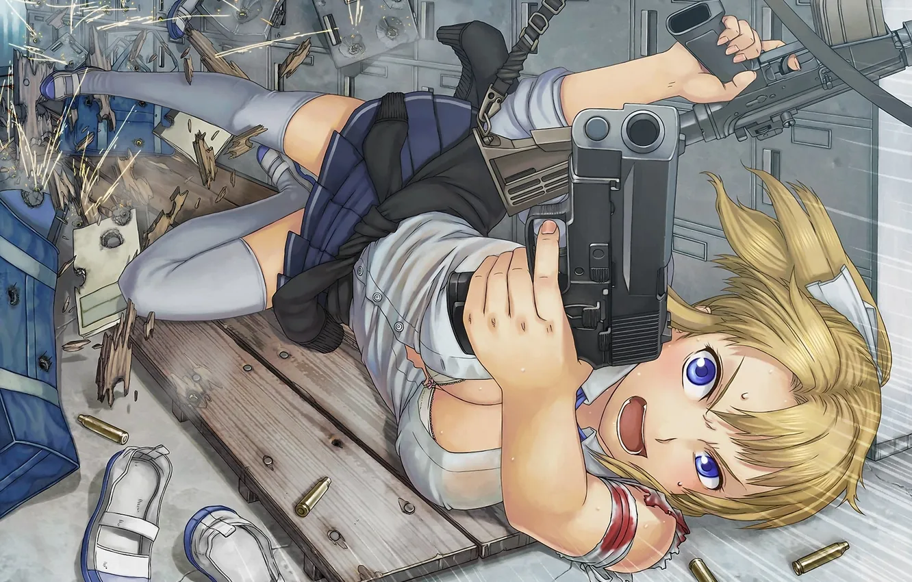 Photo wallpaper girl, gun, weapons, shot, wounds, itou