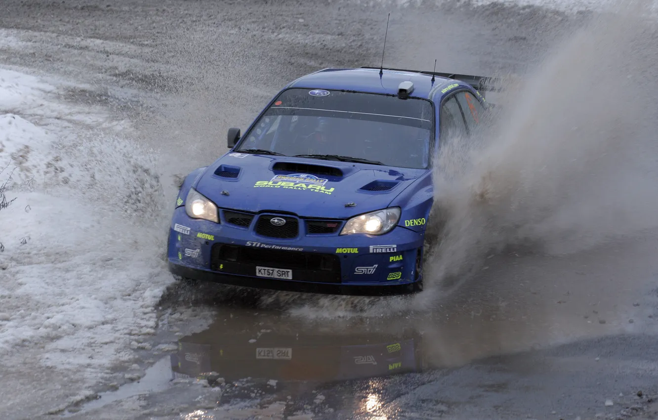 Photo wallpaper road, water, Subaru, turn, puddle, blue, water splashes
