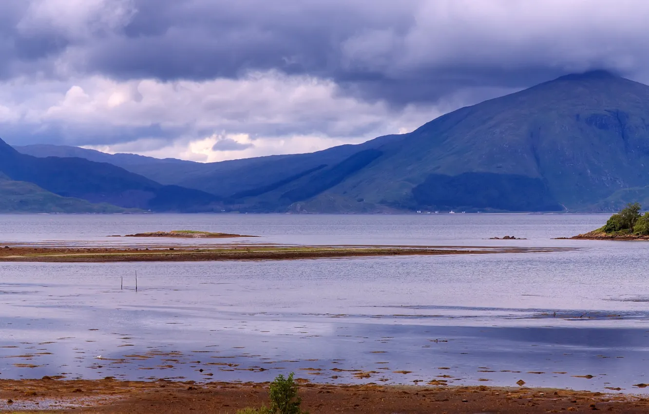 Photo wallpaper clouds, mountains, castle, shore, island, Scotland, panorama, Bay