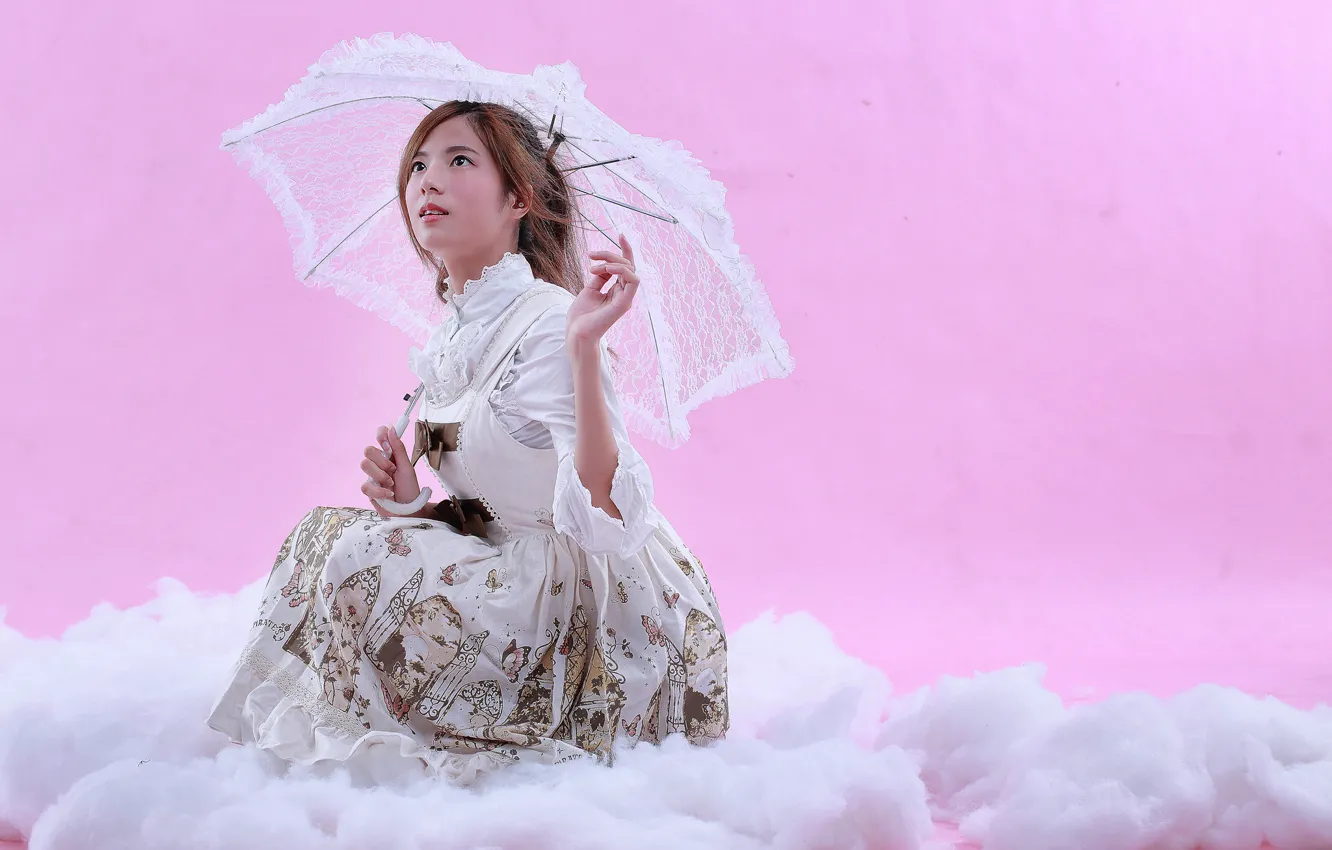 Photo wallpaper girl, face, umbrella, background, hair, dress, sitting, wool