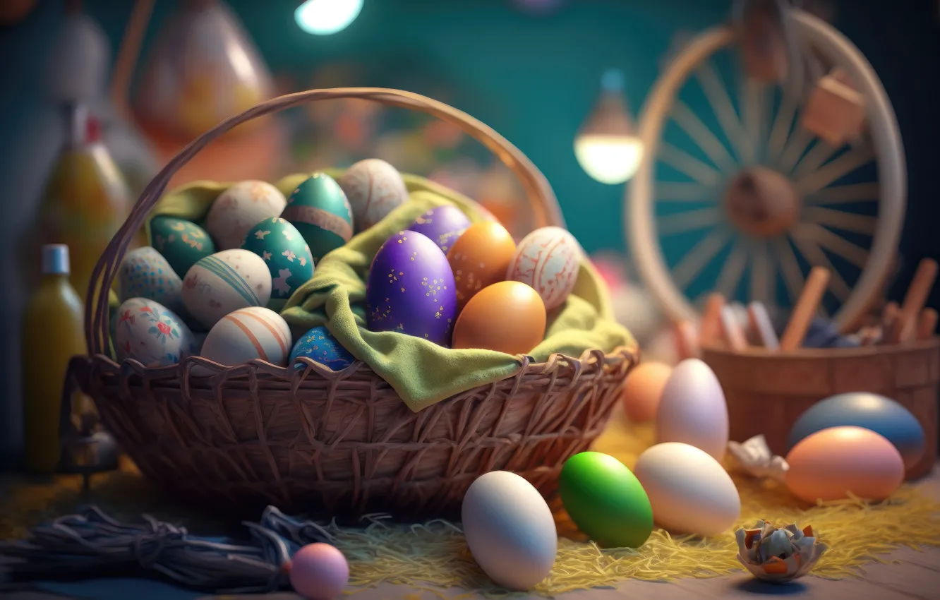 Photo wallpaper background, basket, eggs, colorful, Easter, happy, background, Easter