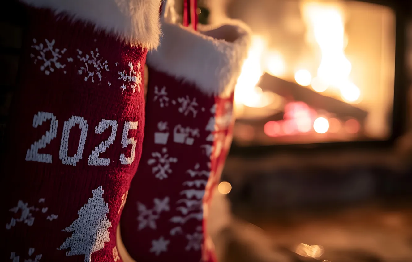Photo wallpaper lights, new year, figures, fireplace, date, bokeh, 2025, gift socks