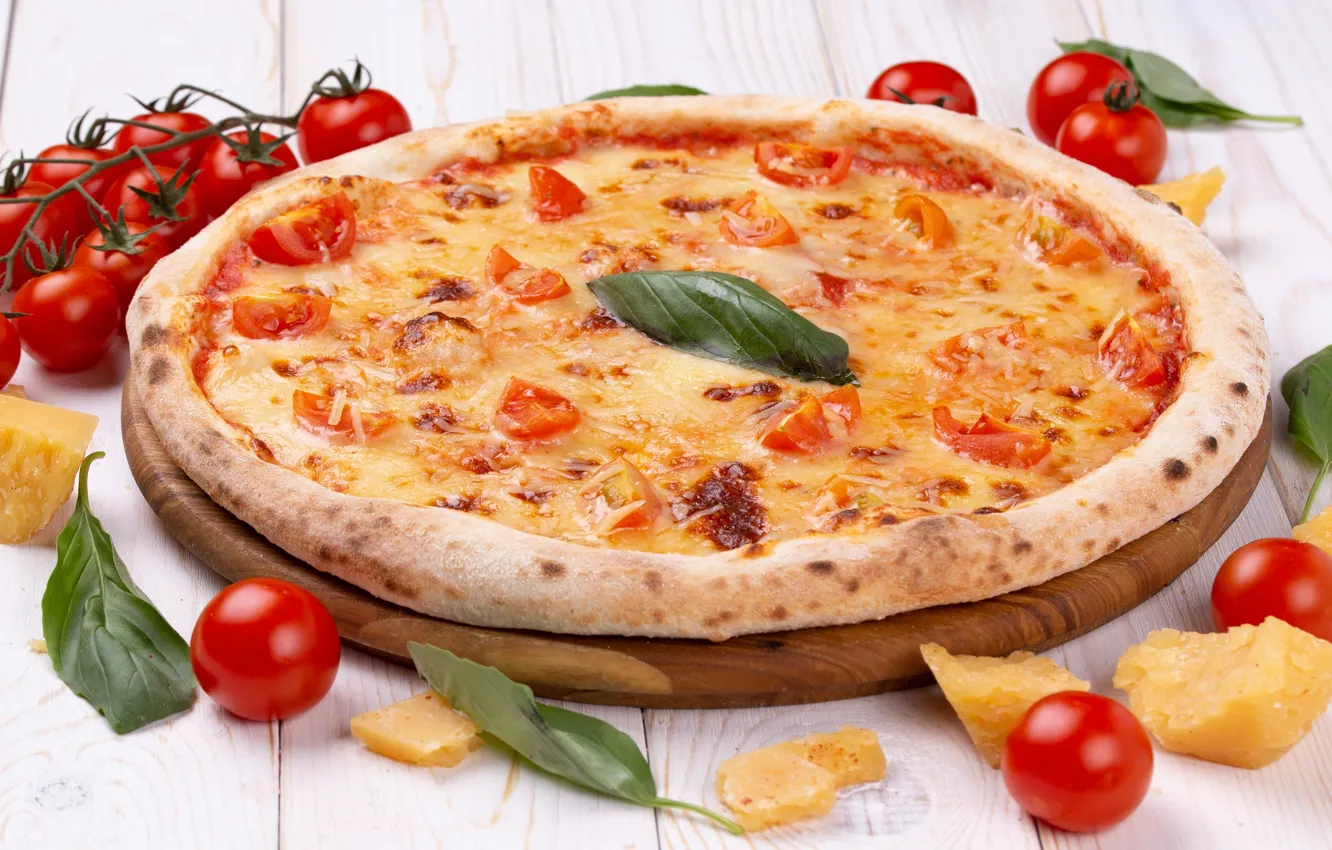 Photo wallpaper cheese, pizza, tomatoes, Basil