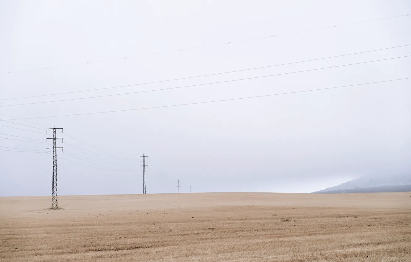 Photo wallpaper field, fog, power lines