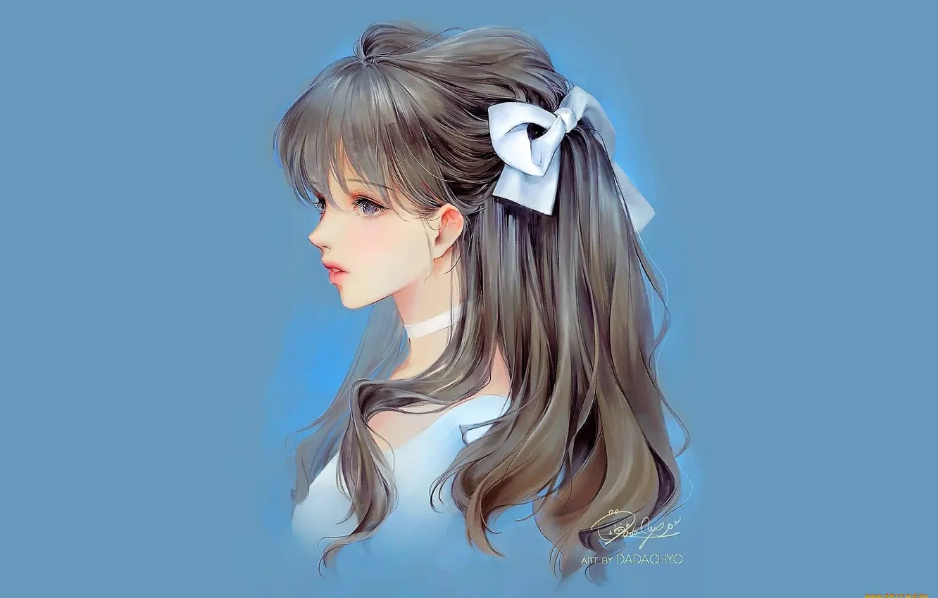 Photo wallpaper grey hair, blue background, in profile, hair bow, portrait of a girl, chalker, by Dadachyo