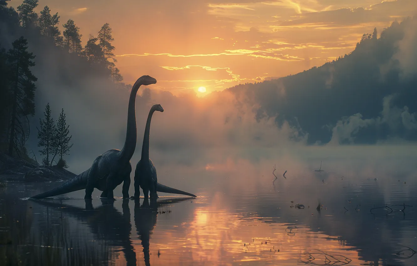 Photo wallpaper the sun, mountains, river, animal, dawn, dinosaur, two, digital art