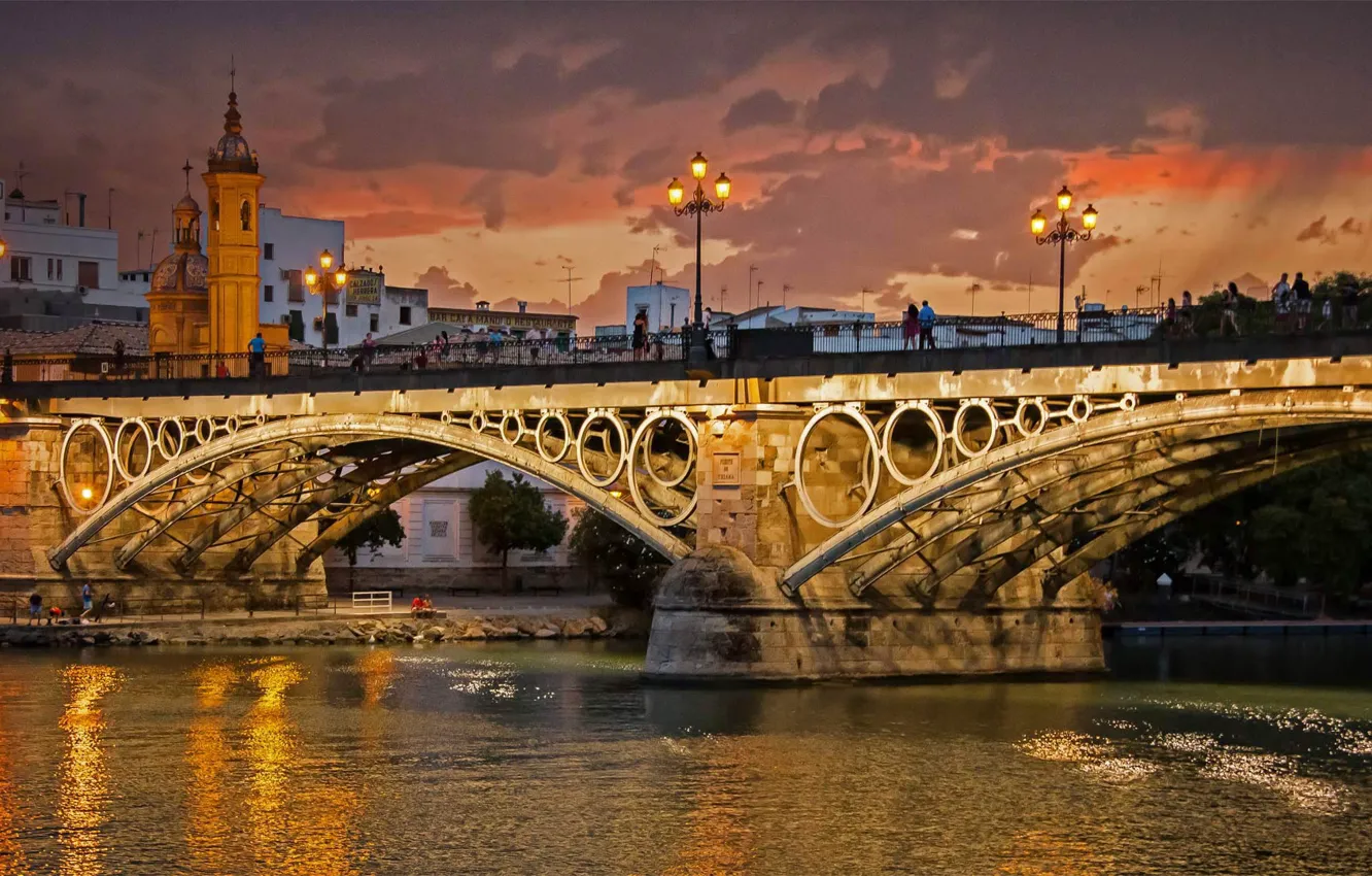 Photo wallpaper river, arch, Spain, Seville, the bridge of Isabel II