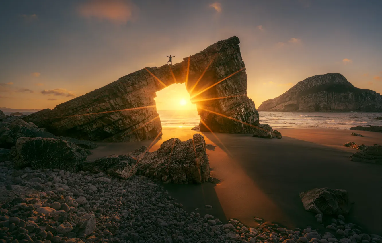 Photo wallpaper sea, sunset, rocks, shore, people, arch