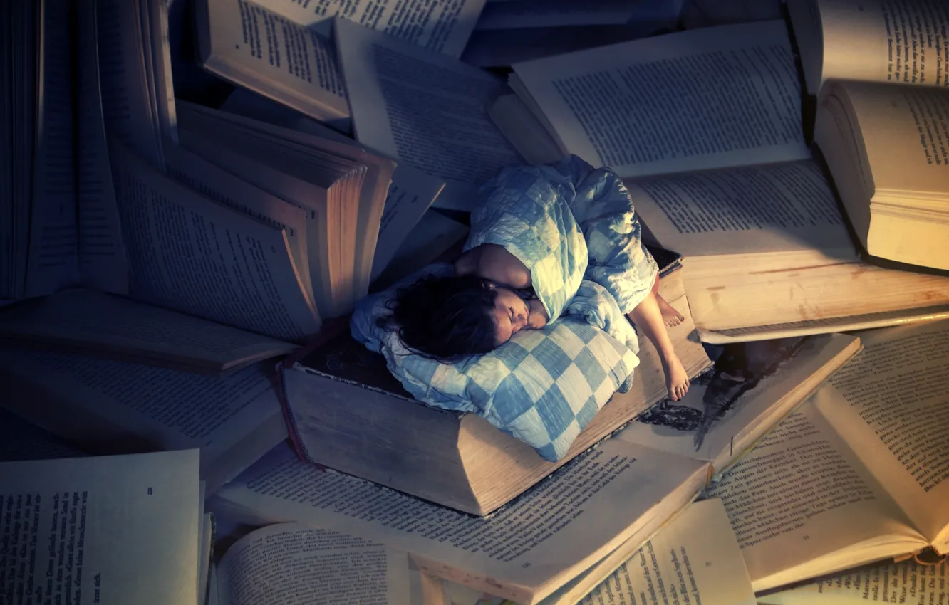 Photo wallpaper girl, background, Wallpaper, books, sleep, the situation, wallpapers