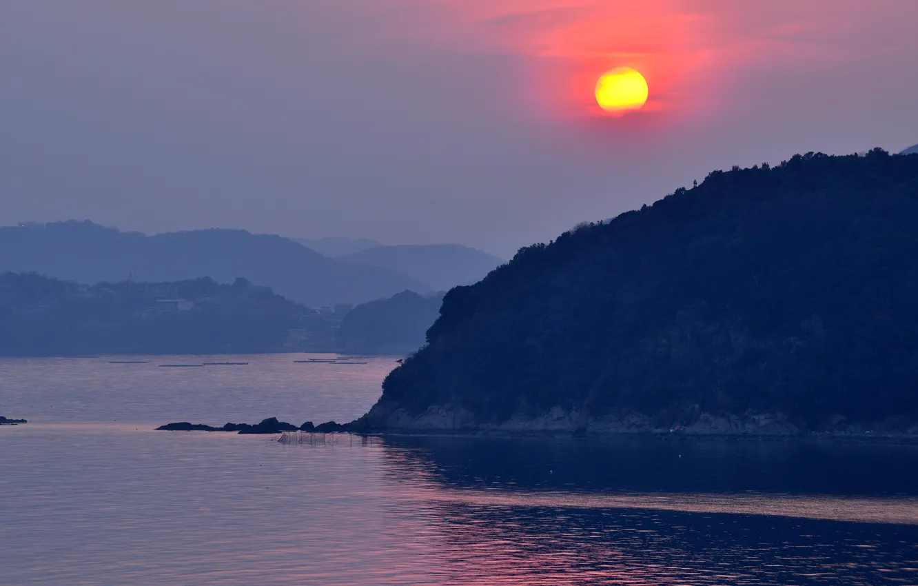 Photo wallpaper sea, sunset, mountains, Japan, Japan, Tatsuno, TATSUNO, Hyogo Prefecture