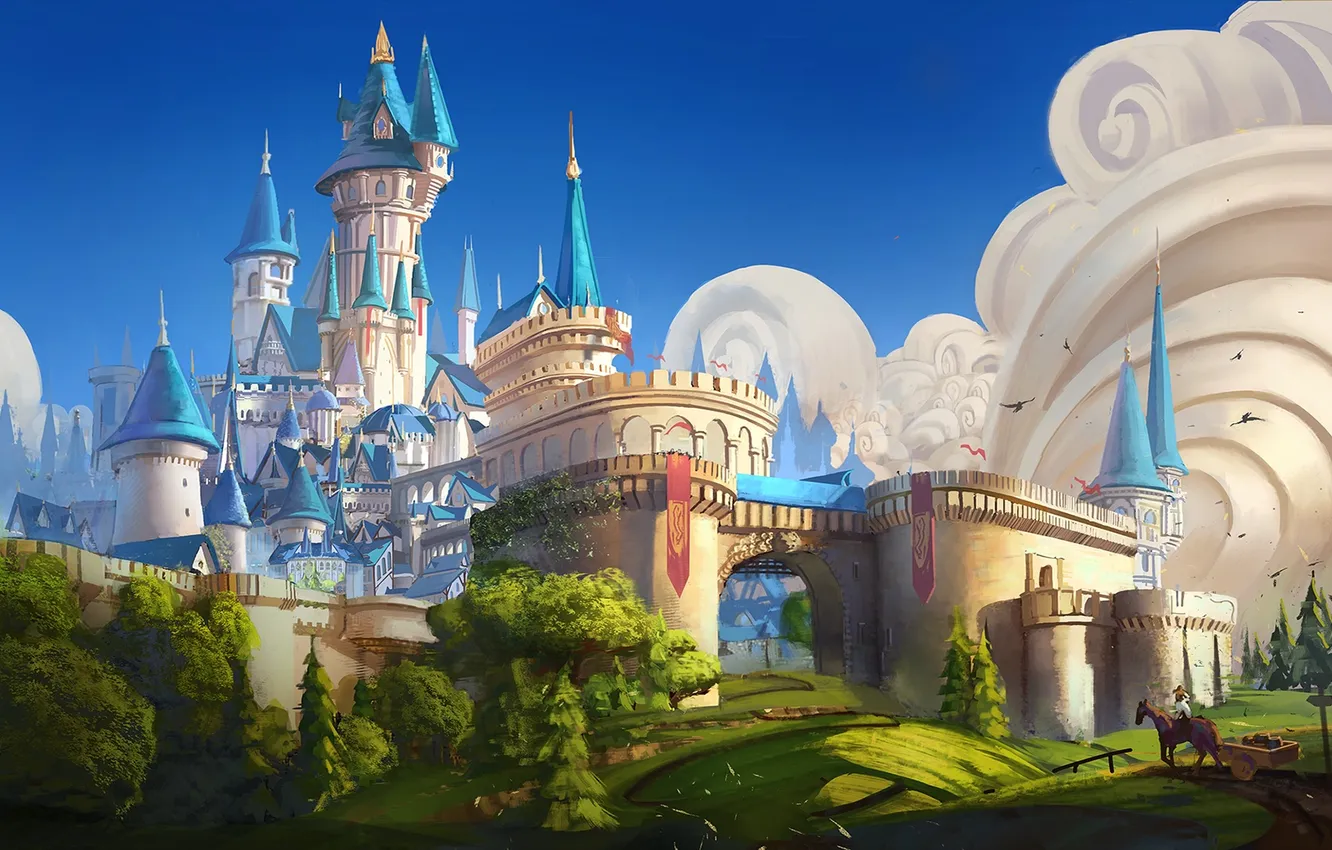 Photo wallpaper fantasy, sky, trees, clouds, horse, castle, digital art, artwork