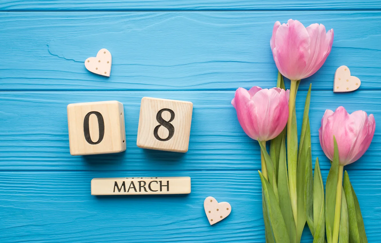 Photo wallpaper flowers, tulips, happy, March 8, wood, pink, flowers, tulips