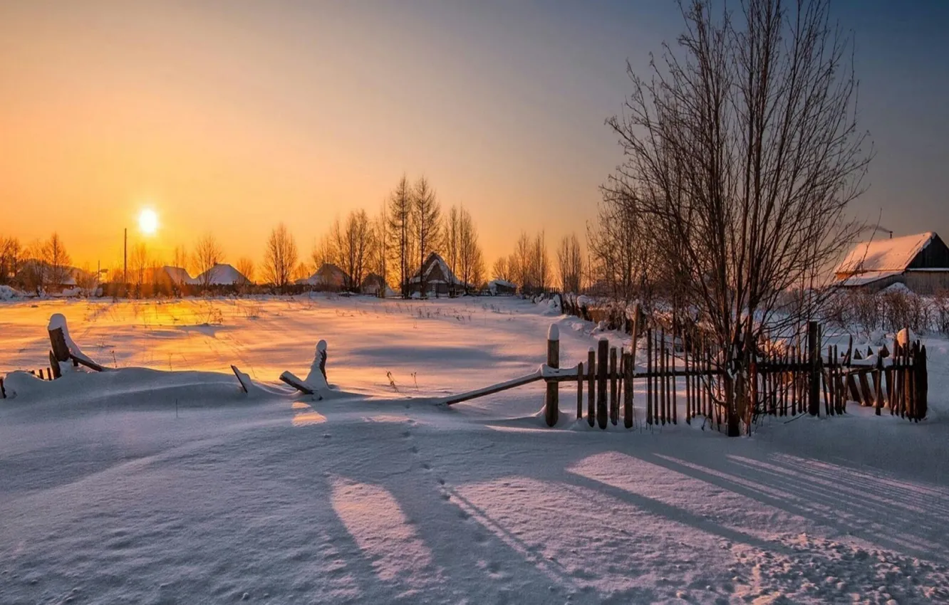 Photo wallpaper winter, snow, dawn, village, morning