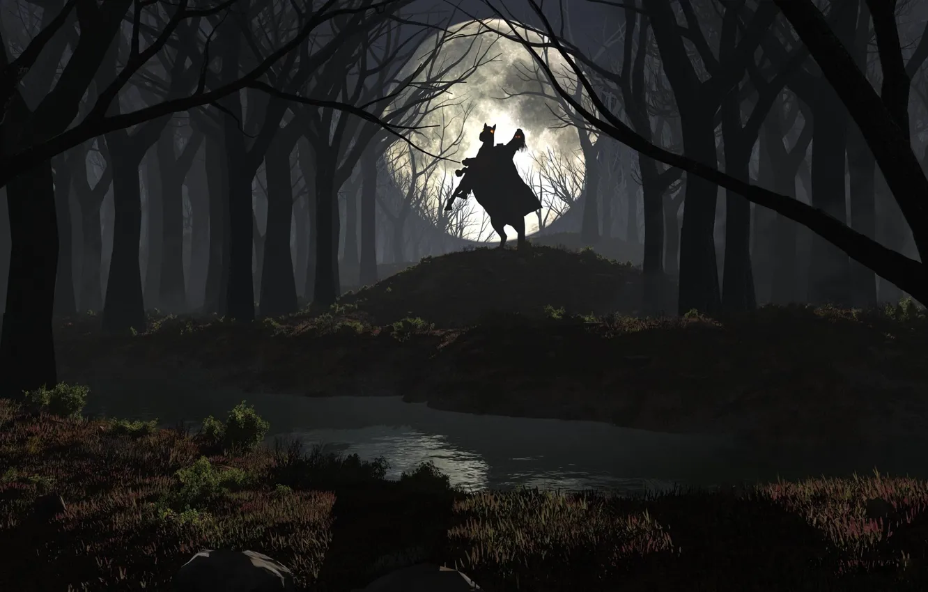 Photo wallpaper forest, night, river, the moon, without a head, rider