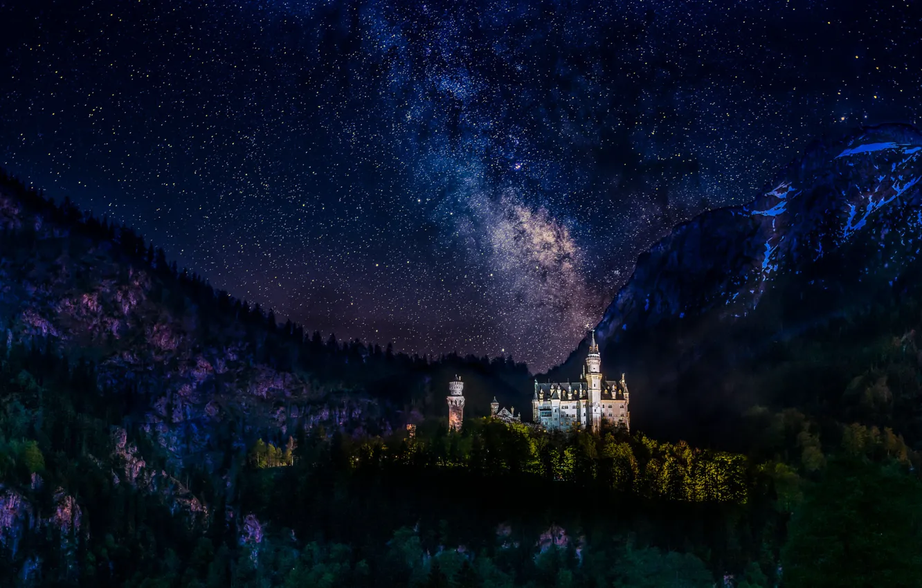 Photo wallpaper forest, mountains, night, tower, stars, Germany, Castle, the milky way