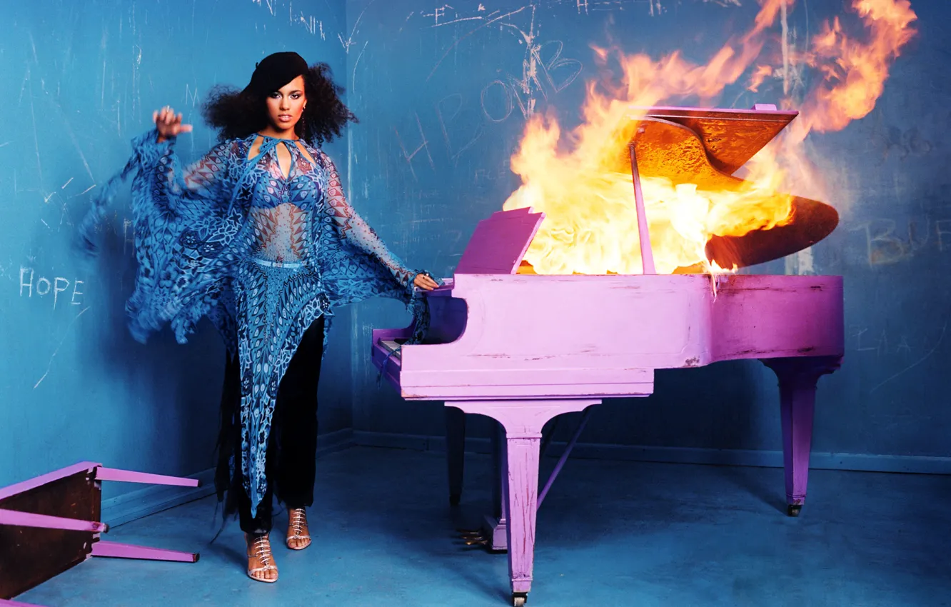 Photo wallpaper Alicia Keys, Singer, Burning Piano
