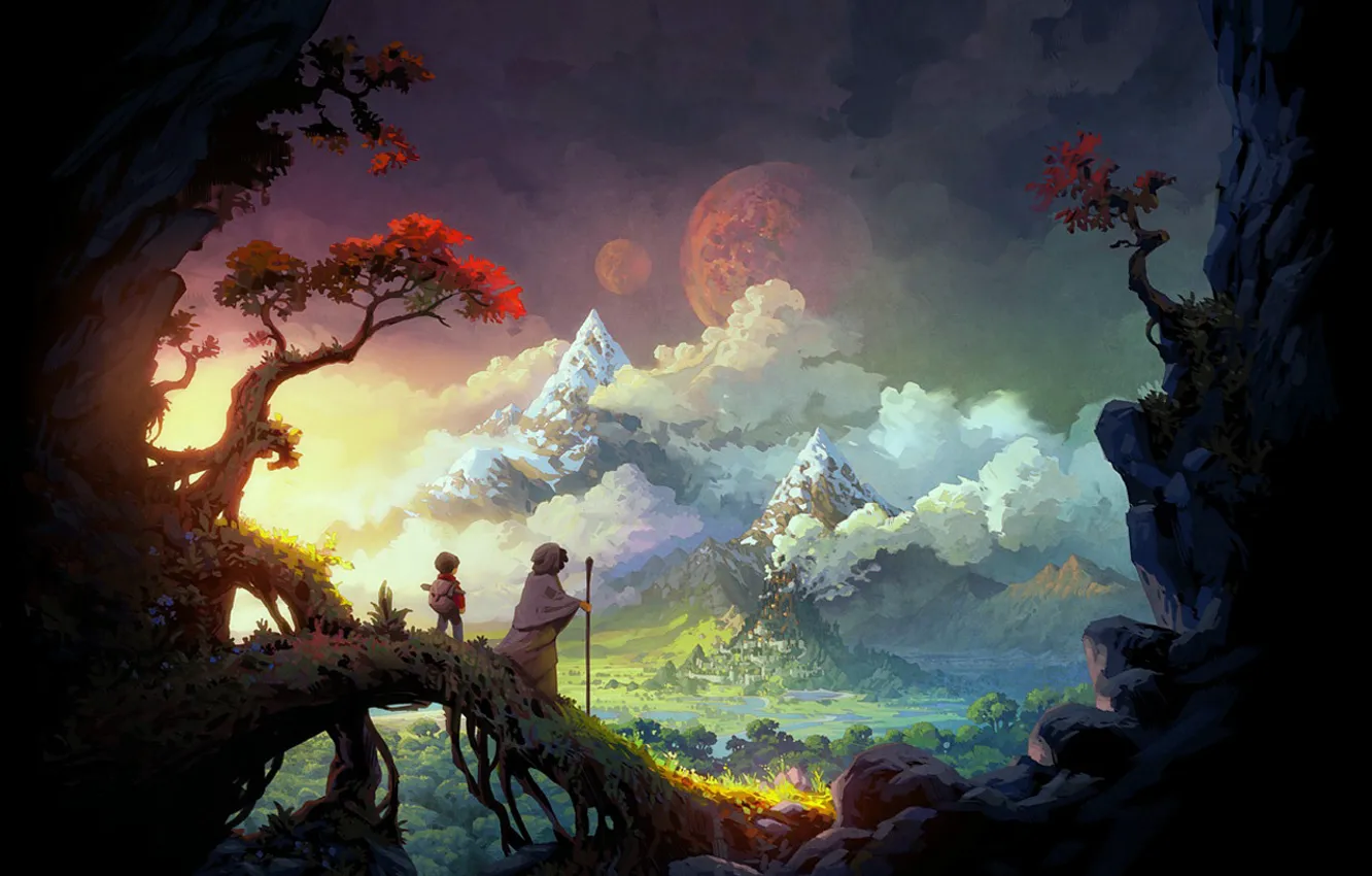 Photo wallpaper landscape, mountains, castle, the moon, anime, Wanderers, journey