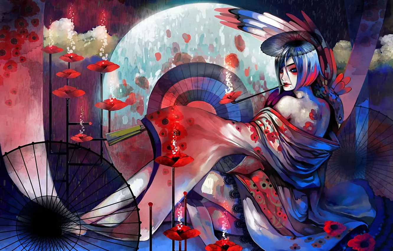 Photo wallpaper girl, flowers, Maki, umbrella, art