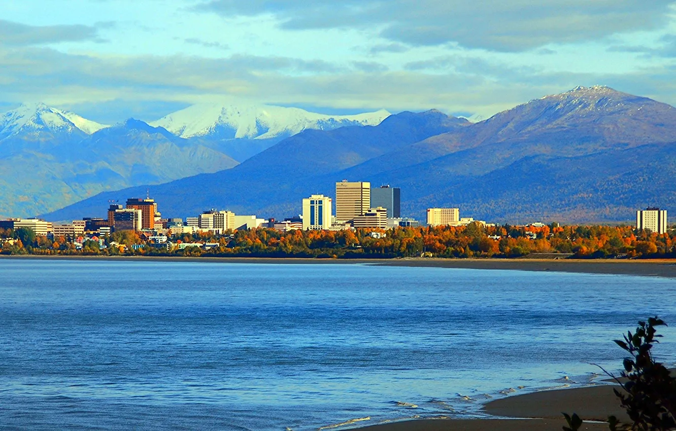 Photo wallpaper USA, Anchorage, Anchorage, Cook Inlet, the largest city in the state of Alaska, mountains of …