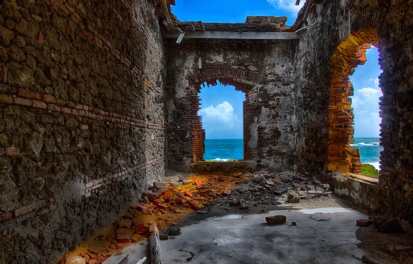 Photo wallpaper sea, the sky, clouds, the ruins