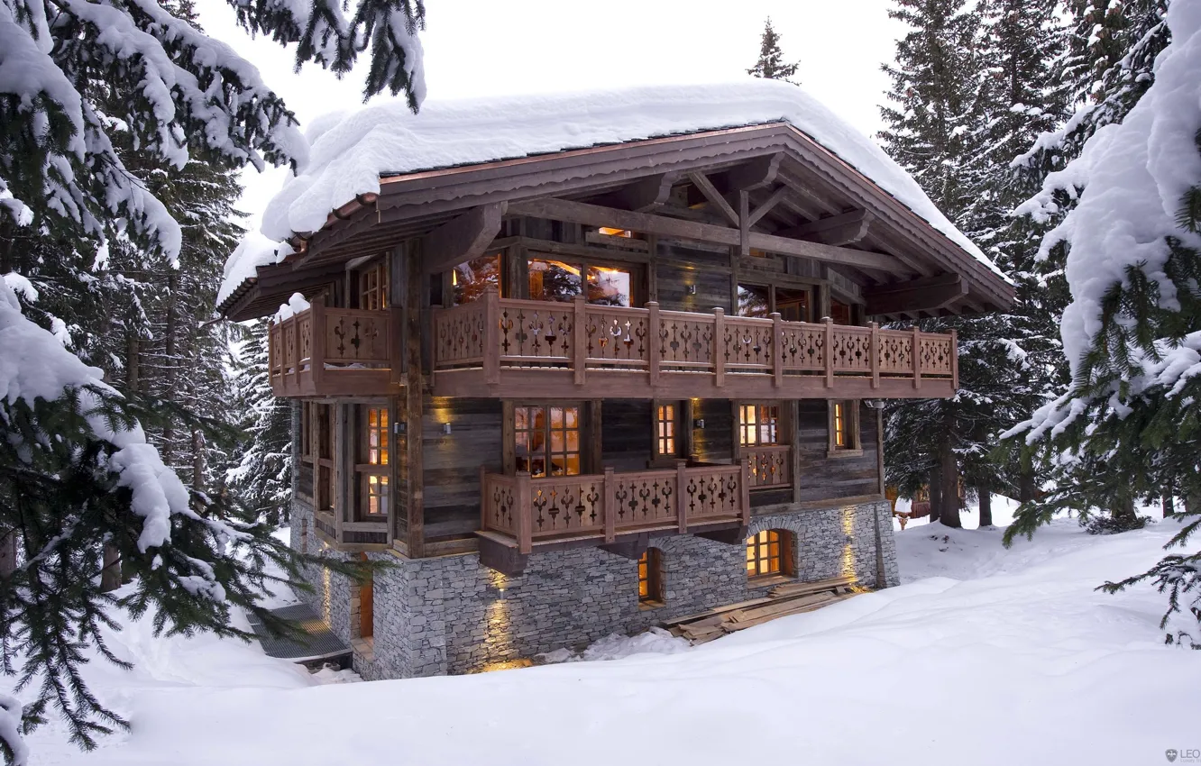 Photo wallpaper Winter, Snow, Forest, House