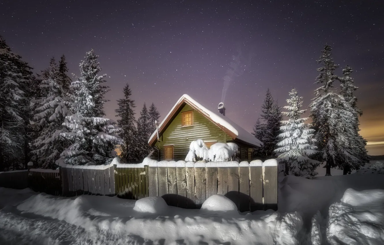 Photo wallpaper winter, snow, night, house