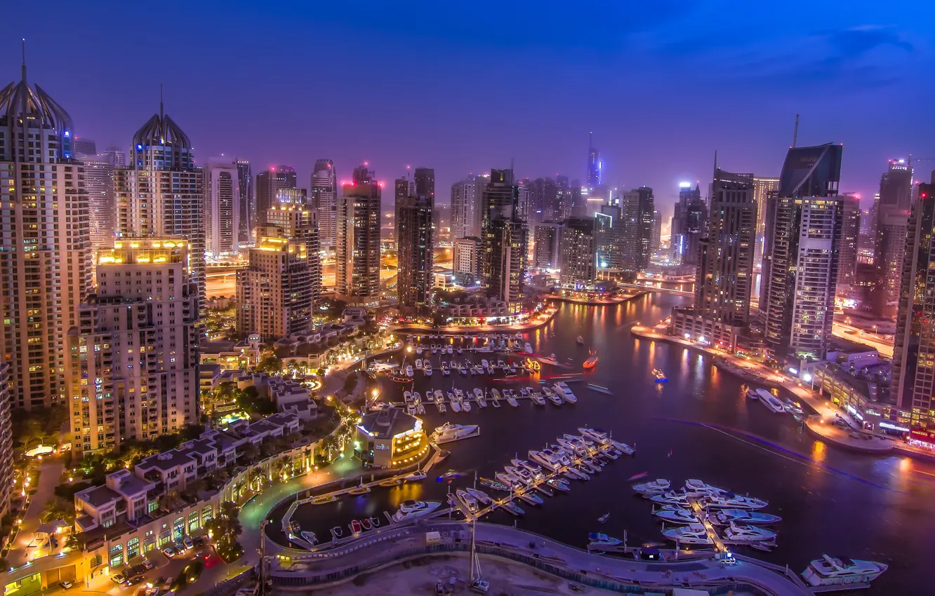 Photo wallpaper night, the city, lights, blue, boat, building, home, skyscrapers